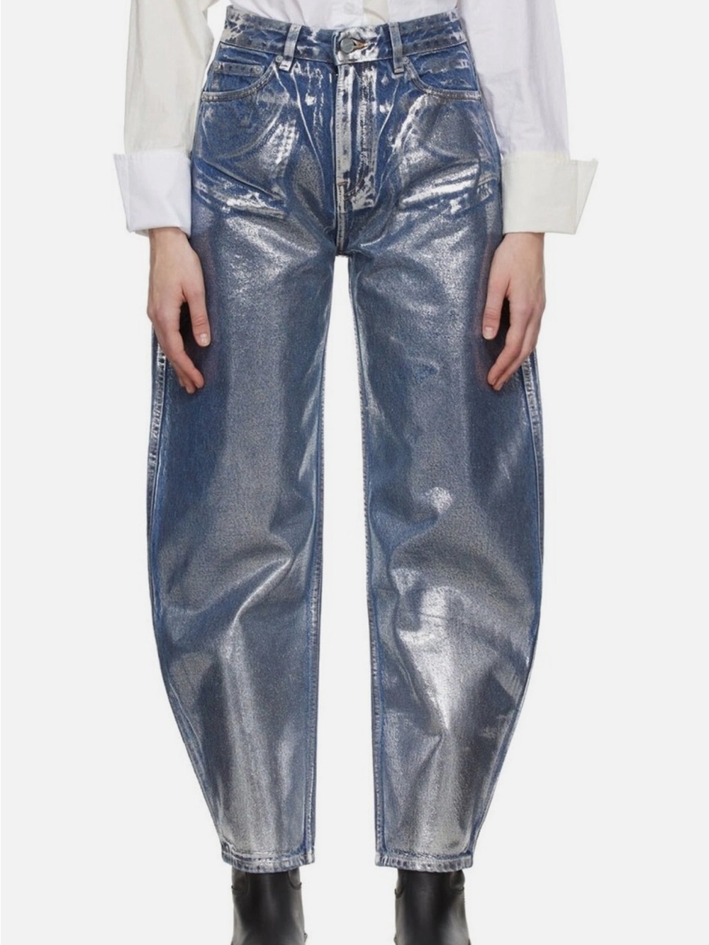 Ganni Stary Relaxed High-rise Curved Barrel Leg Metallic Silver/Indigo
